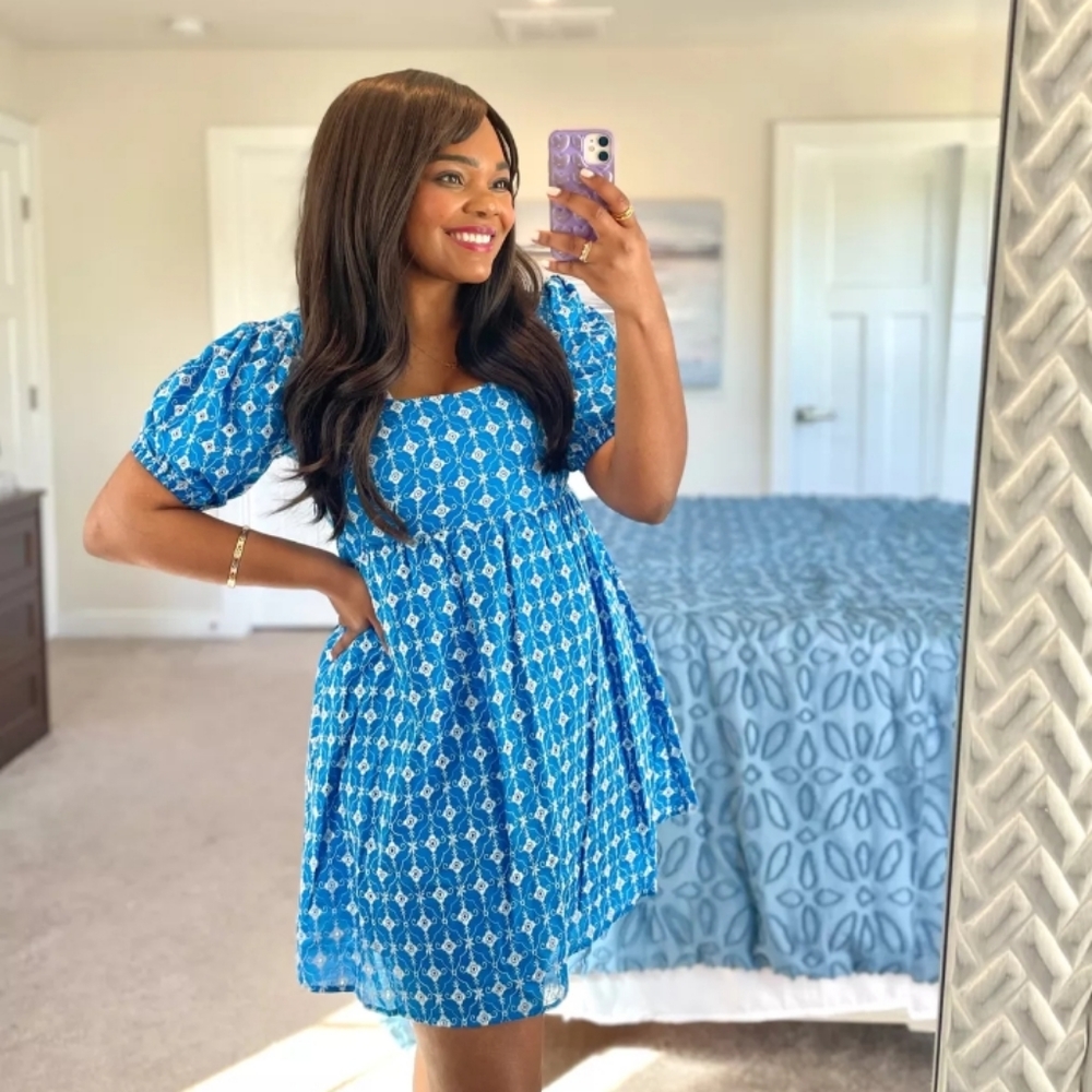 NWT- Rhode- Blue Eyelet Babydoll Mini Dress- Size XL